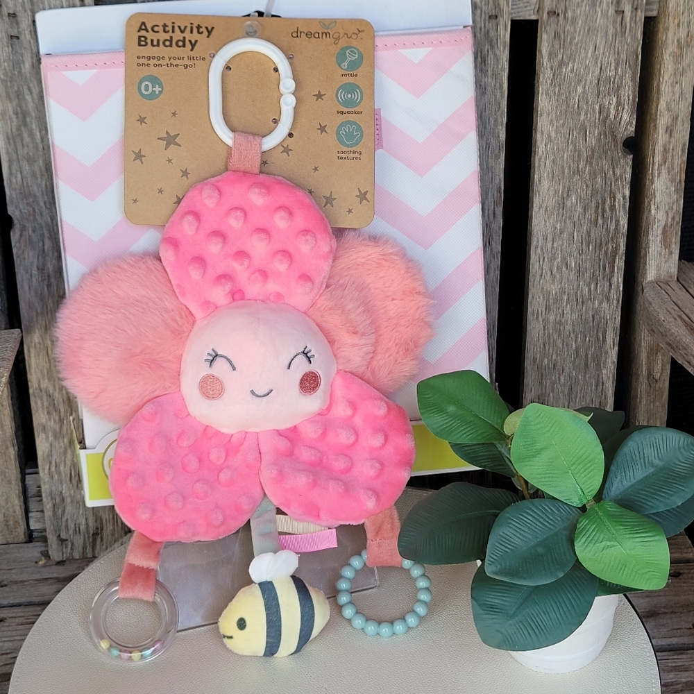 Pink Plush Flower Activity Toy with Bee Rattle & Circo Chevron Storage Bin